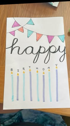 a birthday card with candles on it and the words happy written in front of them