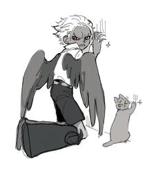 a drawing of an angel sitting next to a cat and talking on the phone with another cat nearby