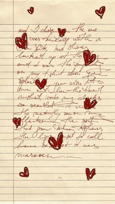 a piece of paper with writing on it and lots of hearts drawn in red ink