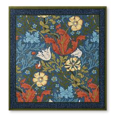 an intricately designed wall hanging with birds and flowers in blue, red, yellow and green