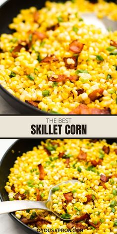 two pictures showing how to make skillet corn