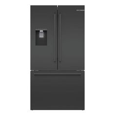 a black refrigerator freezer sitting on top of a white wall