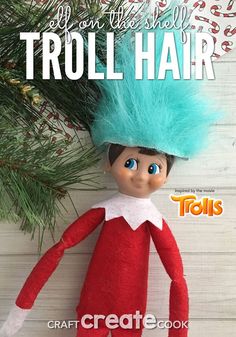 an elf with blue hair is sitting next to a pine tree and has the words troll hair on it