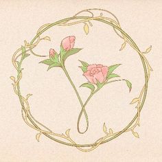 a drawing of two pink flowers in a circle with vines and leaves on it's sides