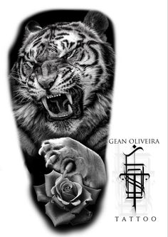 a tiger with its mouth open next to a rose and tattoo on the side of his arm