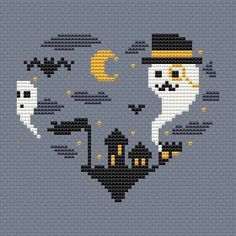 a cross stitch pattern with a cat and ghost