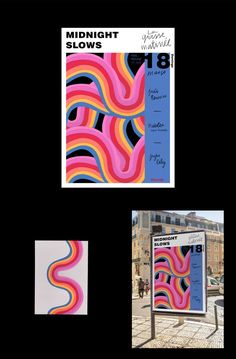 three different posters are displayed on a black background, one is colorful and the other has wavy lines