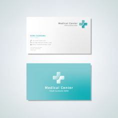 a medical center business card with a cross on the front and bottom corner, is shown