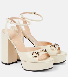 Horsebit leather platform sandals in white - Gucci | Mytheresa Gucci Platform Sandals, Patent Leather Ballet Flats, Dr Shoes, Mid Heels Pumps, Shoes Gucci, Mid Heel Sandals, Gucci Horsebit, Designer Pumps, Leather Platform Sandals