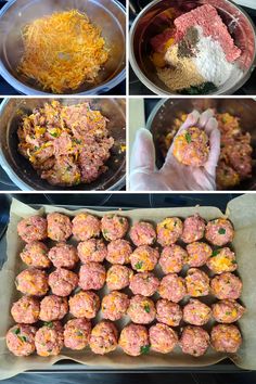 process photos showing how to make meatballs with cheese and other ingredients in the pan