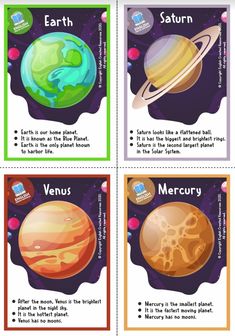 four different planets with names and pictures on them