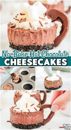 no - bake hot chocolate cheesecakes with whipped cream on top