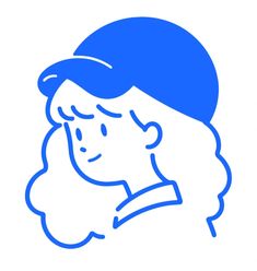 a blue and white drawing of a woman's head with a baseball cap on