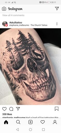 an image of a skull with trees on it's back leg and the words instagram