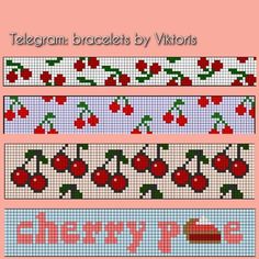 four different cross stitch patterns with cherries