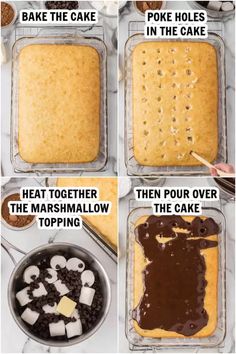 instructions to make cake batter in a pan with chocolate and marshmallow toppings