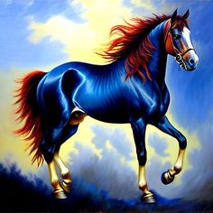 a painting of a blue horse with red manes running in the sky and clouds