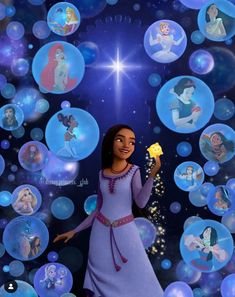 an animated character holding a star in front of bubbles with snow flakes around her