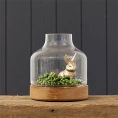 a glass jar filled with green peas and a small rabbit figurine in it