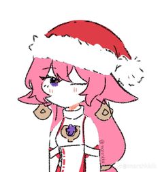 a drawing of a girl with pink hair wearing a santa hat and holding a cell phone