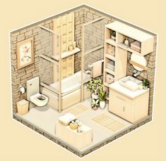 an image of a bathroom that is in the shape of a house with shelves, toilet and sink