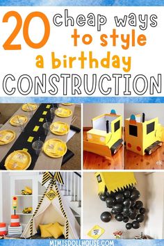 construction themed birthday party with yellow and black decorations, including paper cones, plates, and napkins