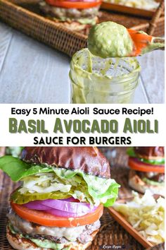 the recipe for basil avocado aioli burgers is shown in three different pictures