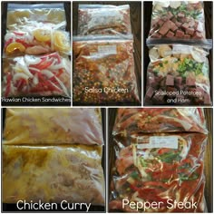 six different types of freezer meals are shown in this collage with the words chicken curry, crockpot freezer recipes and pepper steak