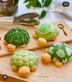 three little turtle cakes on a cutting board