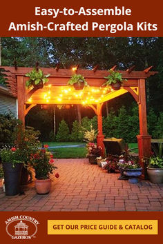 an outdoor patio covered in lights and potted plants