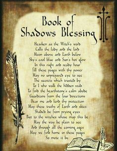 the book of shadows blessing is shown with an ink pen and quill on it