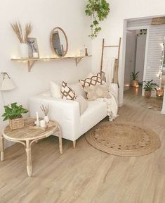 a living room filled with furniture and plants on top of wooden shelves next to a fireplace