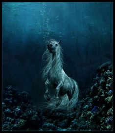 a white horse is standing in the middle of some dark blue water with its hair blowing back