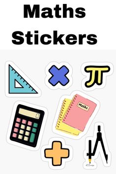 stickers with the words maths and various school supplies in black on a white background