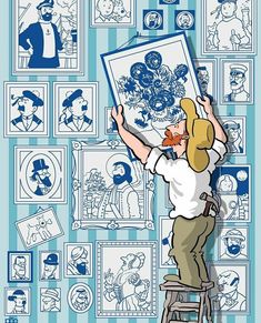 a man is standing on a stool in front of a wall with cartoon pictures and drawings