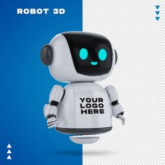 a white robot with green eyes is standing in front of a blue and white background