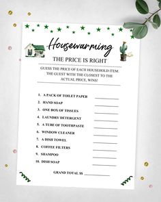 a printable housewarming game with green stars and greenery on the side