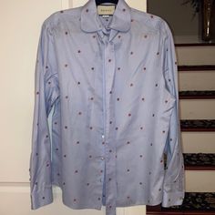 Gucci Size 48 Front Tie Button Up Long Sleeve Strawberry Print Gucci Spring Button-up Shirt, Gucci Button-up Shirt For Spring, Spring Gucci Button-up Shirt, Spring Blue Gucci Tops, Blue Gucci Tops For Spring, Gucci Luxury Formal Blouse, Elegant Gucci Office Blouse, Luxury Gucci Blouse For Formal Occasions, Luxury Formal Gucci Blouse