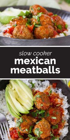 slow cooker mexican meatballs with rice and avocado