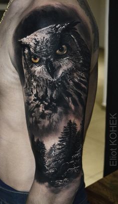 an owl tattoo on the arm with trees and mountains in the background, is shown