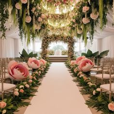 an aisle decorated with flowers and greenery