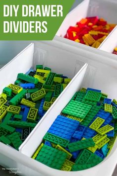 two bins filled with different colored legos and the words diy drawer dividers