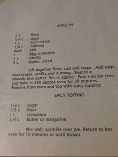 an apple pie recipe is shown on top of a piece of paper with the instructions