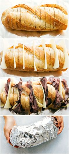 four different types of breads with white icing on them and one being wrapped in foil