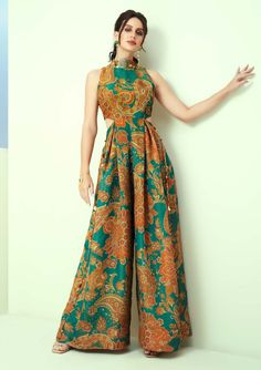 Printed Indian Dress, Luxury Floral Print Festive Traditional Wear, Luxury Traditional Wear With Floral Print For Reception, Deep Neck Western Dress, Neck Pattern Indian Dress, Floral Print Traditional Dress, Indian Wear Jumpsuit, Luxury Traditional Wear With Printed Motifs, Floor-length, Luxury Digital Print Traditional Wear For Festivals