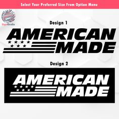 an american made sticker is shown on the back of a white background with black and red