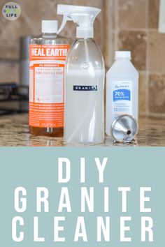 diy granite cleaner and other cleaning products on a kitchen counter with text overlay