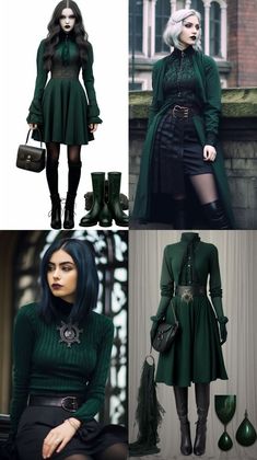 Edgy Slytherin Outfit, Grungy Outfit Ideas, Dragon Core Outfits, Dark Fantasy Aesthetic Outfits, Whimsical Gothic Outfits, Witch Style Outfits Modern, Slytherin Costume Women, Witchy Wardrobe Style, Black And Green Outfit Aesthetic