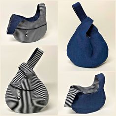 four different views of a blue bag with black and white stripes