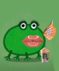 a green frog holding a cup of coffee and an orange slice with its mouth open